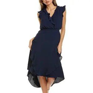 London Times Ruffle Sleeve V-Neck Midi Dress in Navy